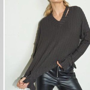 NEW LNA Women's Etten Long Sleeve Ribbed Laser Cut Pullover Top S